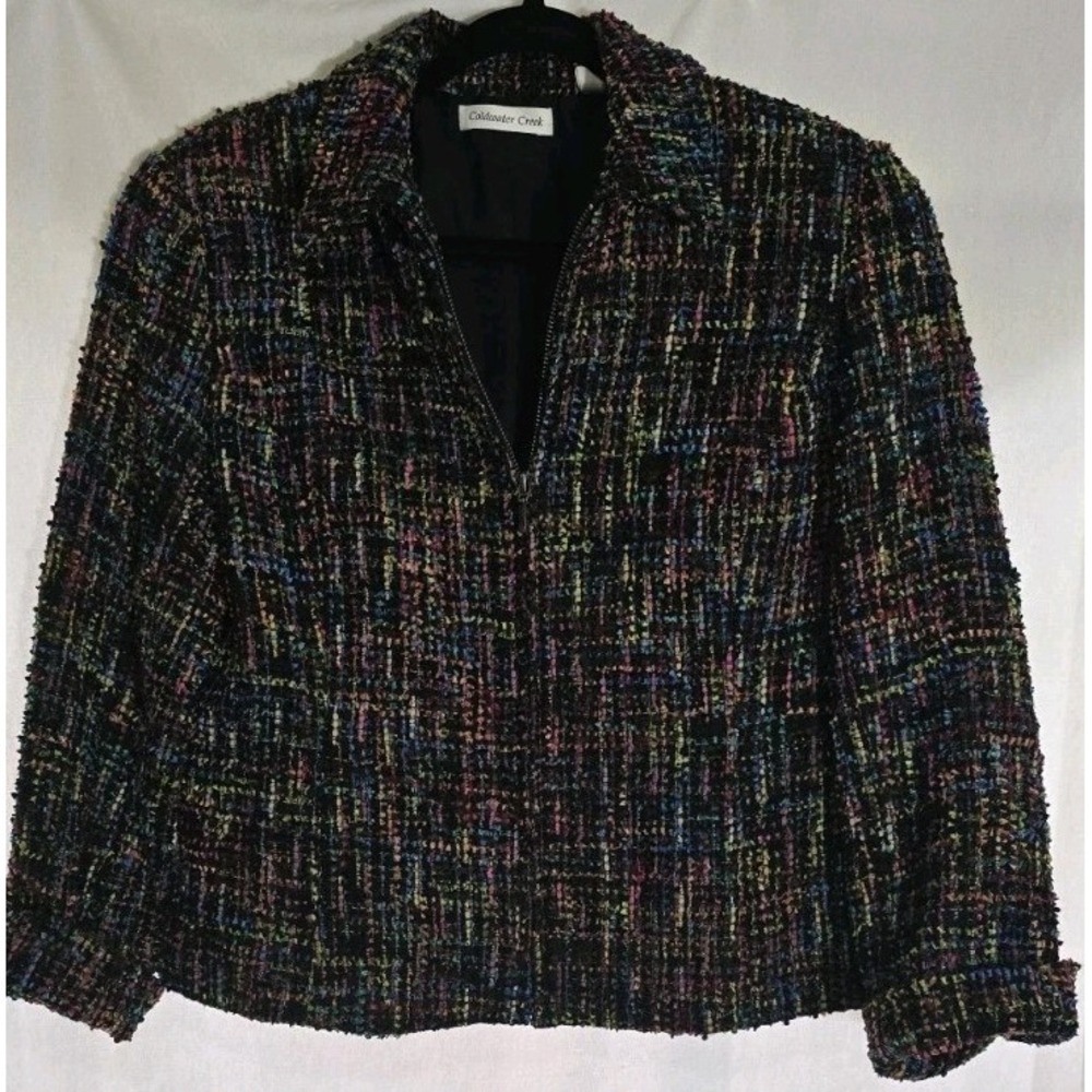Coldwater Creek Size 10P Rainbow Boucle‎ Tweed Black Moto Jacket Lined